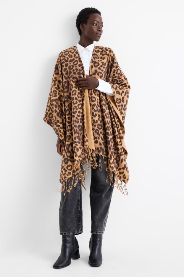 Femmes - Poncho à franges - imprimé léopard - noir / beige