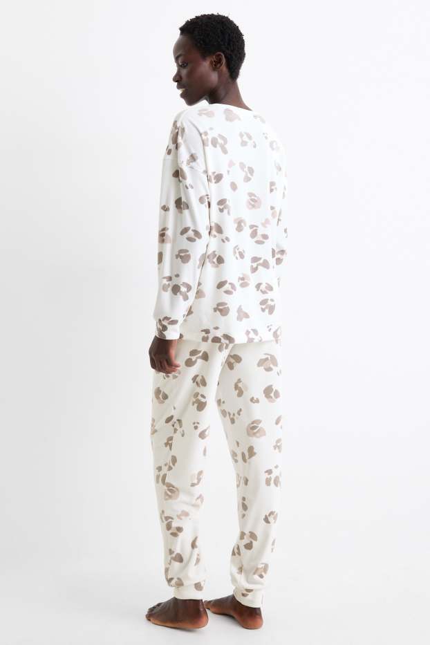 Damen - Winterpyjama - Leo-Print - weiß