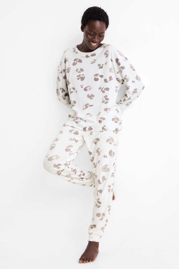 Damen - Winterpyjama - Leo-Print - weiß