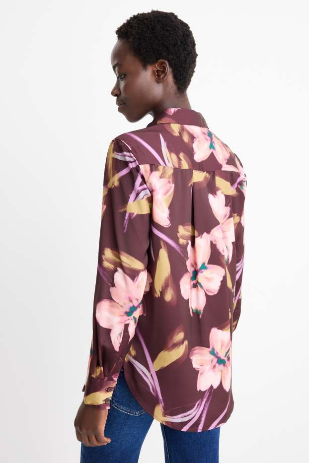 Donna - Blusa di raso - a fiori - porpora