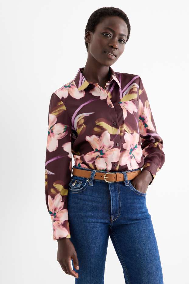 Donna - Blusa di raso - a fiori - porpora