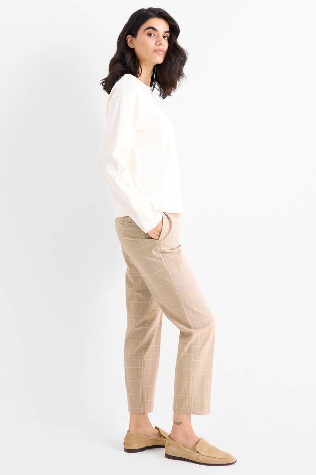 Femmes - Pantalon de bureau - mid waist - coupe cigarette - à carreaux - beige