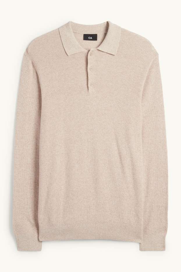 Herren - Langarm-Poloshirt - Regular Fit - gestrickt - strukturiert - hellbeige