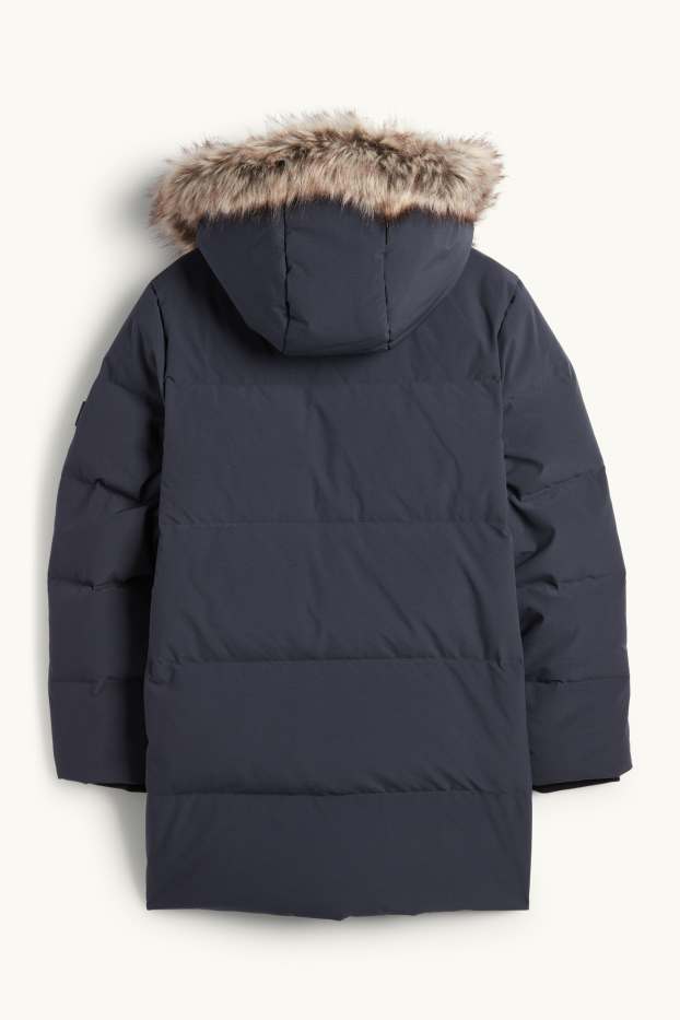 Enfants garçons - Doudoune en duvet avec capuche et garniture en imitation fourrure - bleu foncé