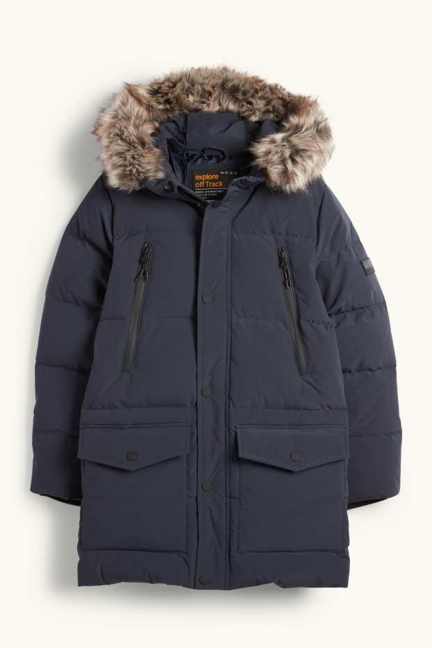 Enfants garçons - Doudoune en duvet avec capuche et garniture en imitation fourrure - bleu foncé