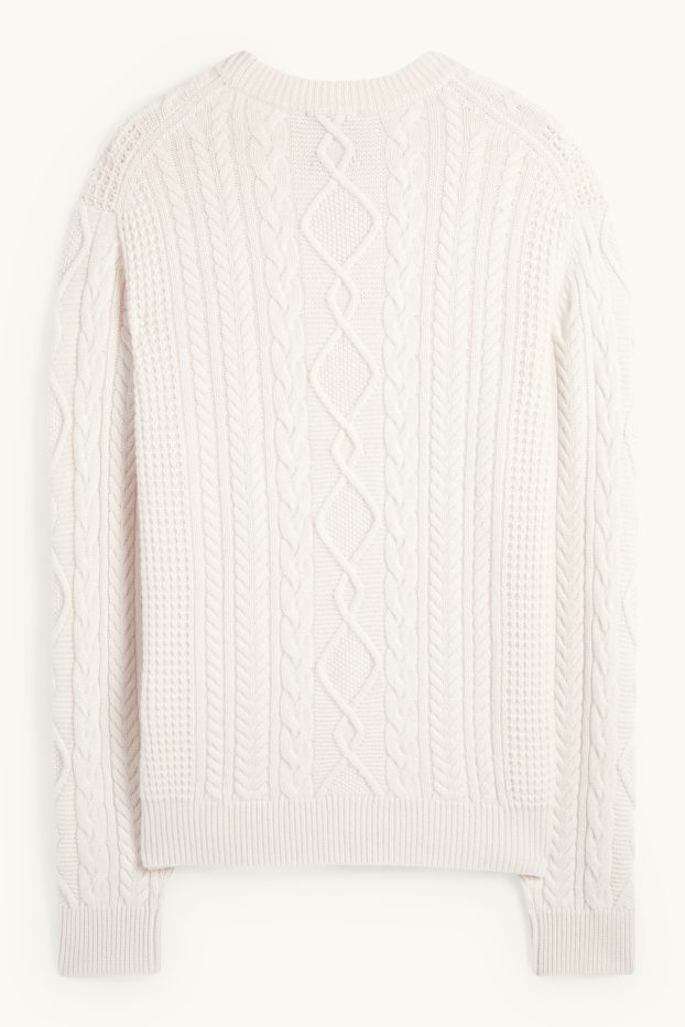 Men - Jumper with cashmere - wool blend - cable knit pattern - cremewhite