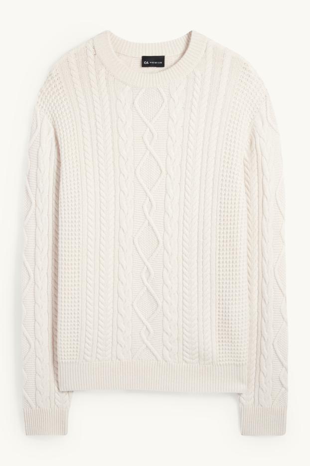Men - Jumper with cashmere - wool blend - cable knit pattern - cremewhite