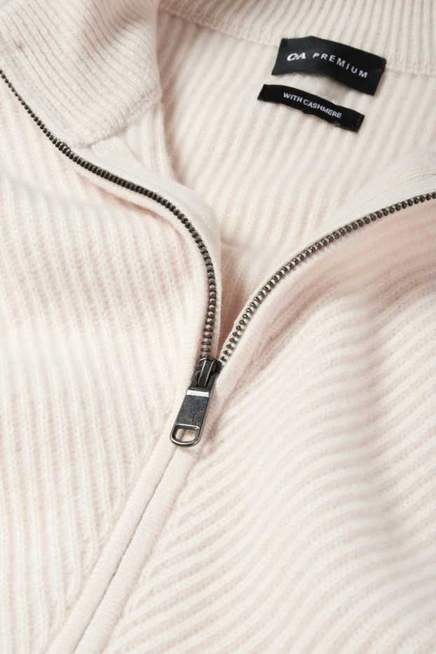 Bărbați - Cardigan tricotat cu conținut de cașmir - amestec de lână - reiat - alb-crem