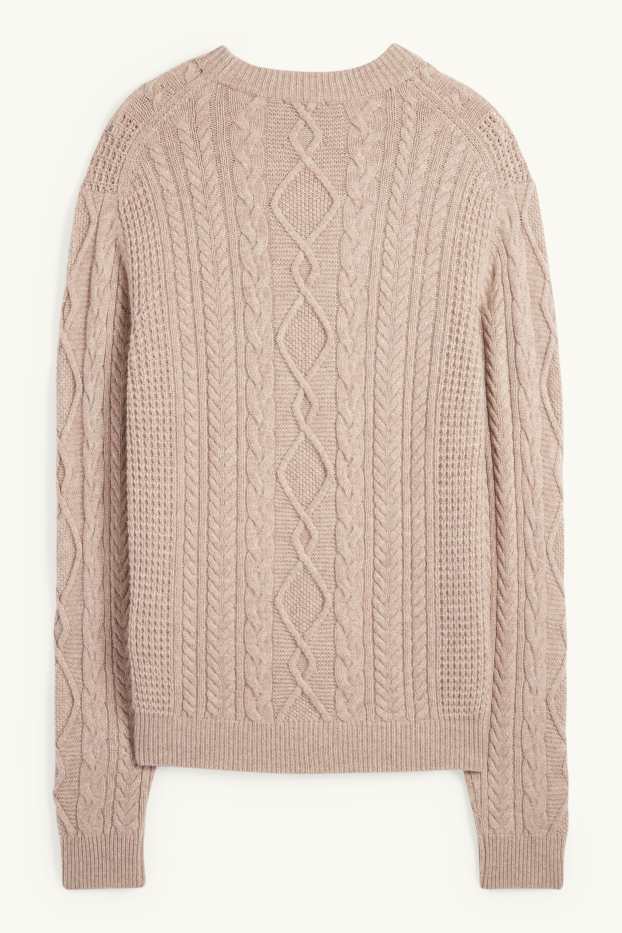 Men - Jumper with cashmere - wool blend - cable knit pattern - taupe