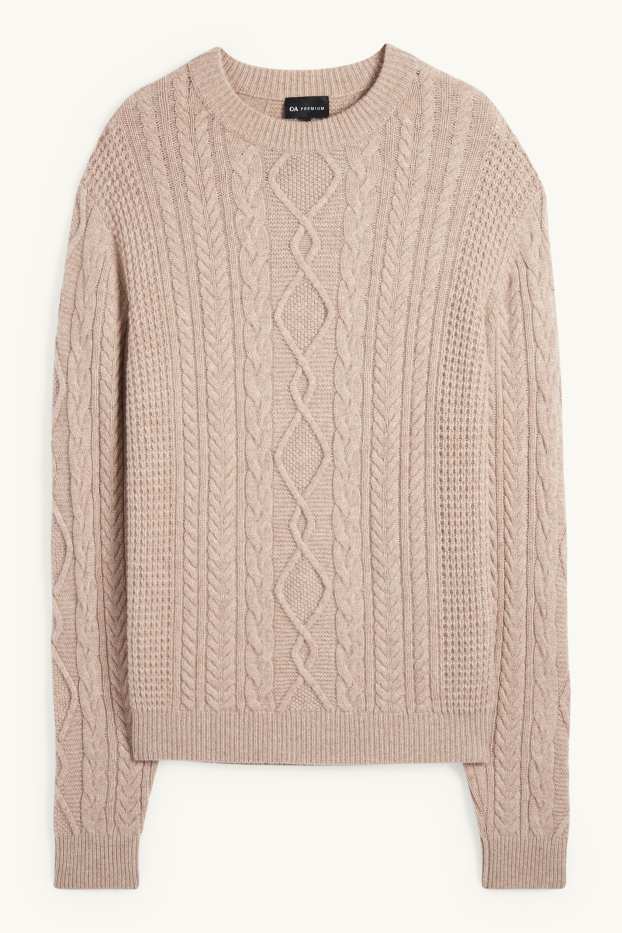 Men - Jumper with cashmere - wool blend - cable knit pattern - taupe