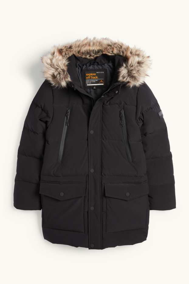 Enfants garçons - Doudoune en duvet avec capuche et garniture en imitation fourrure - noir