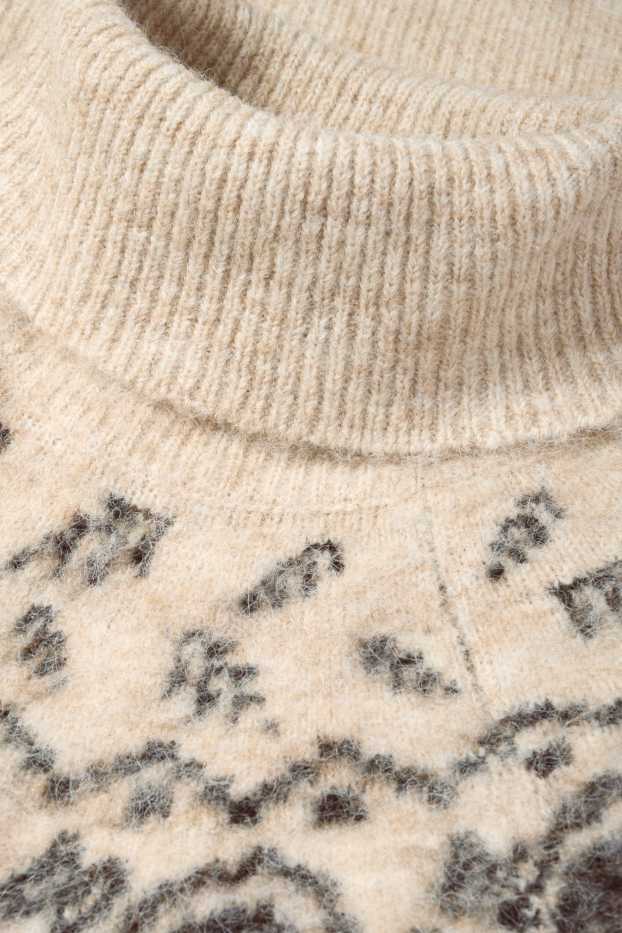 Damen - Rollkragenpullover - gemustert - schwarz / beige