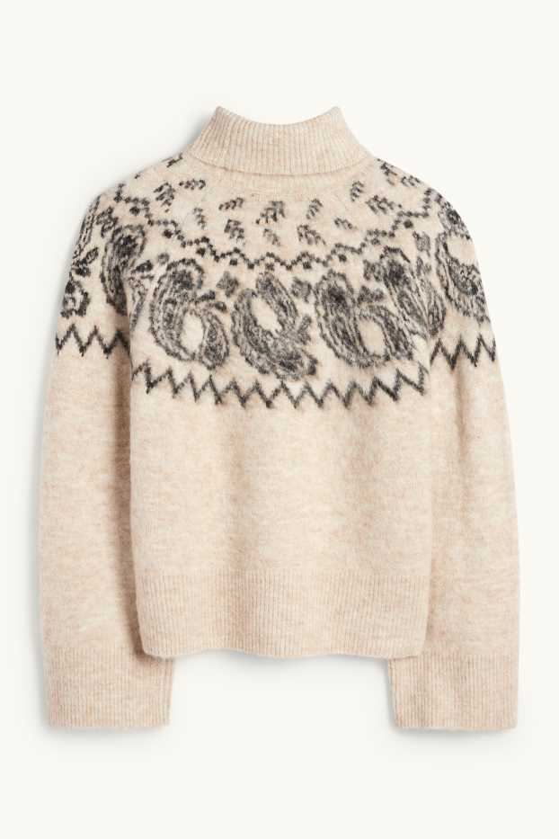 Damen - Rollkragenpullover - gemustert - schwarz / beige