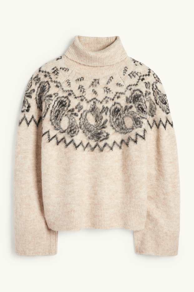 Damen - Rollkragenpullover - gemustert - schwarz / beige