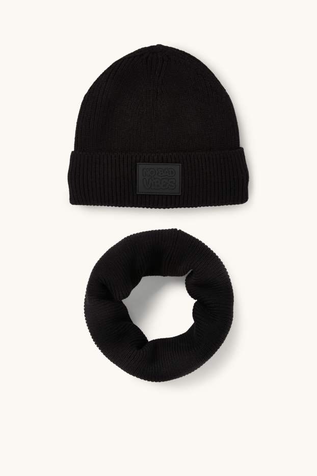 Kinder Buben - Set - Mütze und Loop Schal - 2 teilig - gerippt - schwarz
