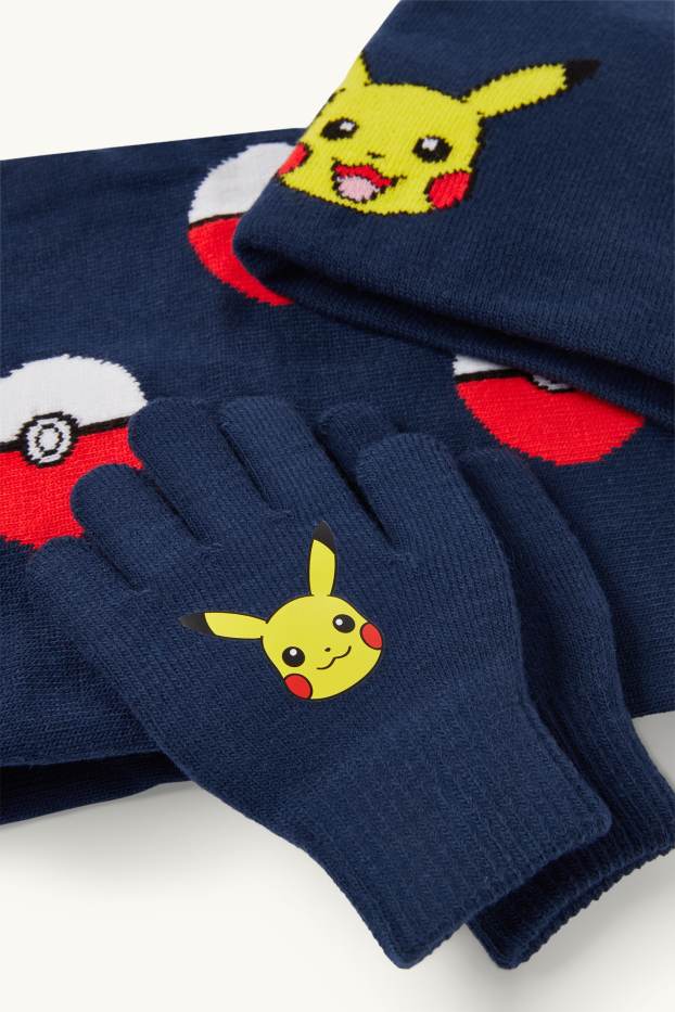Kinderen: jongens - Pokémon - Pikachu - set - muts, colsjaal en handschoenen - donkerblauw