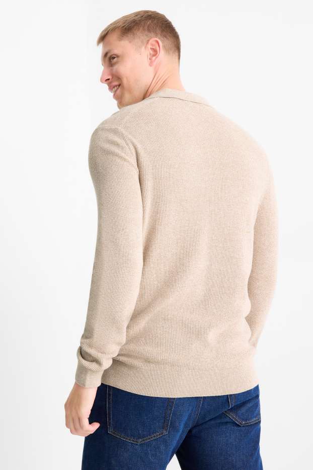 Herren - Langarm-Poloshirt - Regular Fit - gestrickt - strukturiert - hellbeige