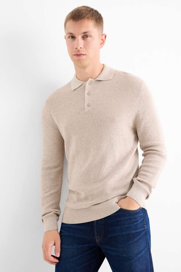 Herren - Langarm-Poloshirt - Regular Fit - gestrickt - strukturiert - hellbeige