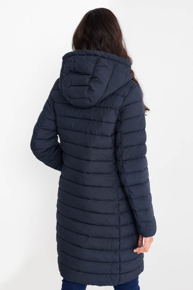 Women - Quilted coat with hood - dark blue