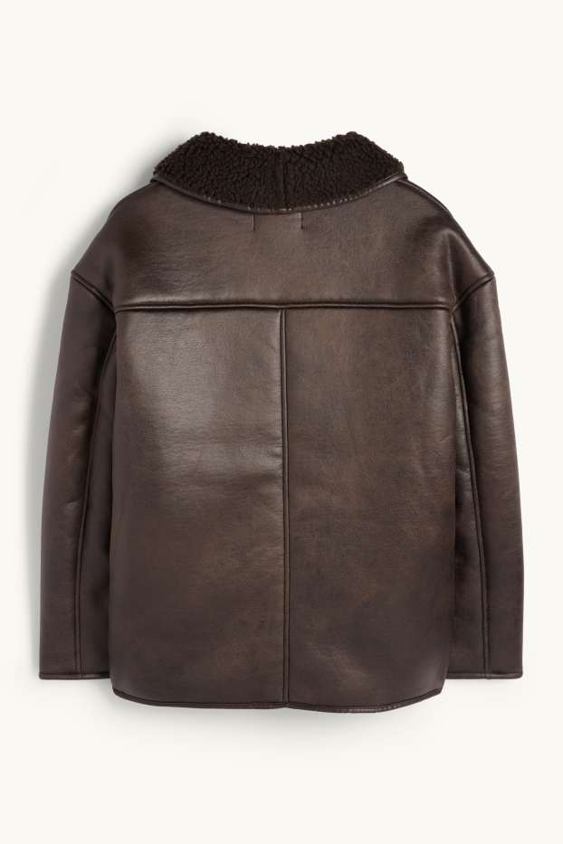 Dames - Shearling jas - imitatieleer - donkerbruin