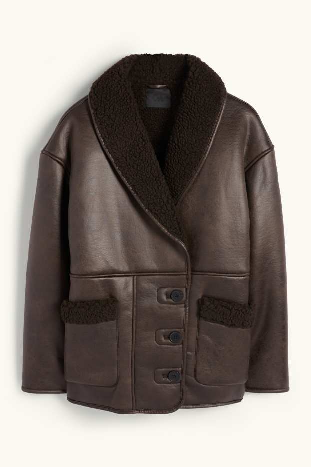 Dames - Shearling jas - imitatieleer - donkerbruin