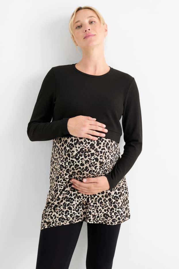 Dames - Voedingssweatshirt - 2-in-1-look - luipaardprint - zwart / beige