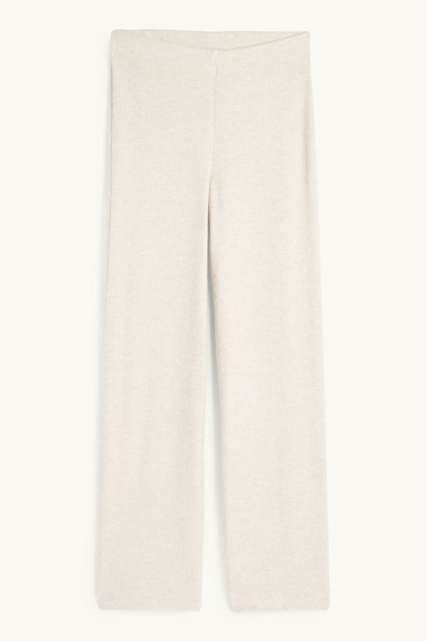 Women - Knitted trousers - mid-rise waist - wide leg - ribbed - light beige