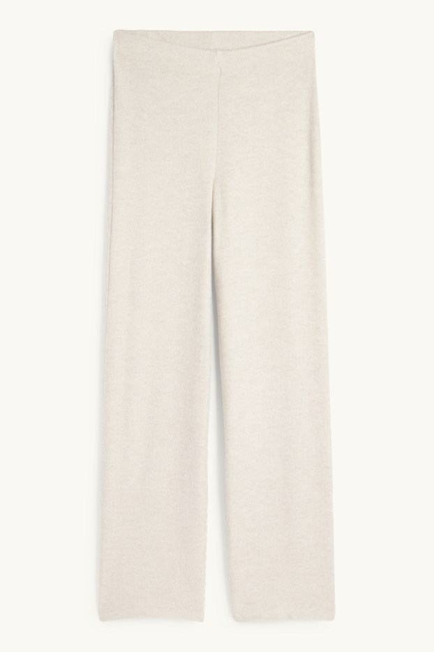 Women - Knitted trousers - mid-rise waist - wide leg - ribbed - light beige