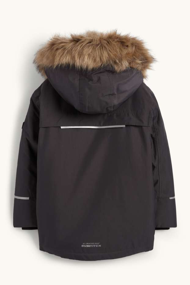 Enfants garçons - Manteau de pluie avec capuche avec garniture en imitation fourrure - doublé - gris foncé