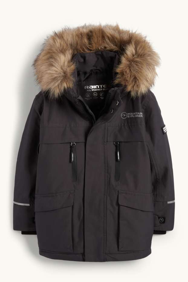 Enfants garçons - Manteau de pluie avec capuche avec garniture en imitation fourrure - doublé - gris foncé