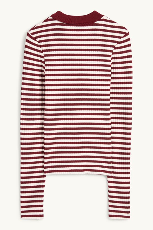 Dona - Polo de mànigues llargues - slim fit - acanalat - de punt - vermell fosc /negre