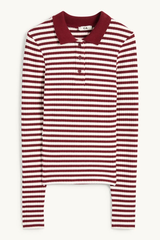 Dona - Polo de mànigues llargues - slim fit - acanalat - de punt - vermell fosc /negre