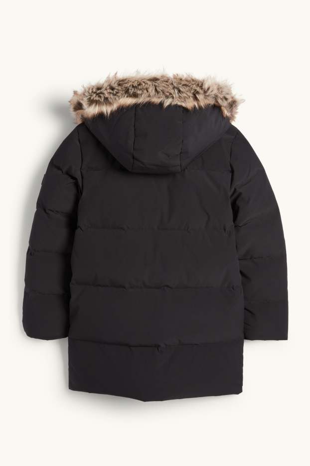 Enfants garçons - Doudoune en duvet avec capuche et garniture en imitation fourrure - noir