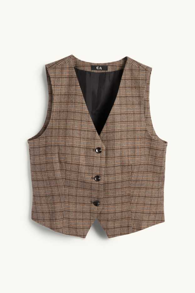 Donna - Gilet - sciancrato - a quadretti - marrone