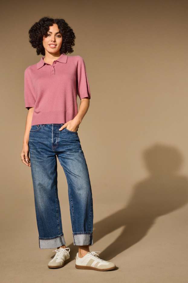 Dámské - Pletený kašmírový svetr - s krátkým rukávem - růžová