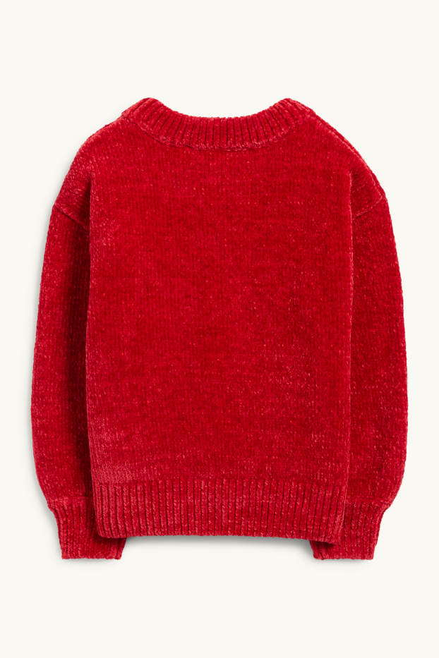 Copii - Fete - Pinguin - pulover din găitan cu motive de Crăciun - roșu