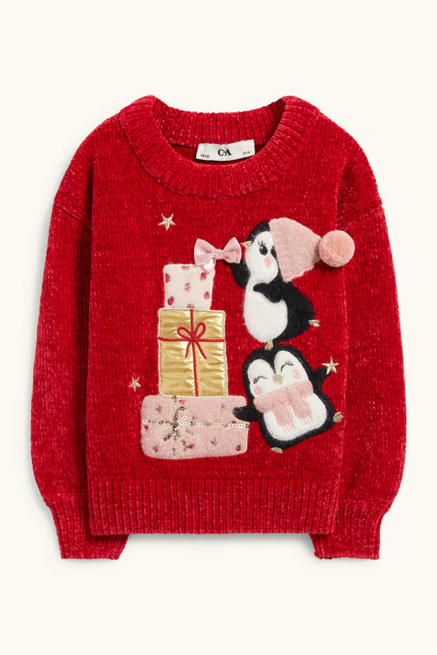 Copii - Fete - Pinguin - pulover din găitan cu motive de Crăciun - roșu