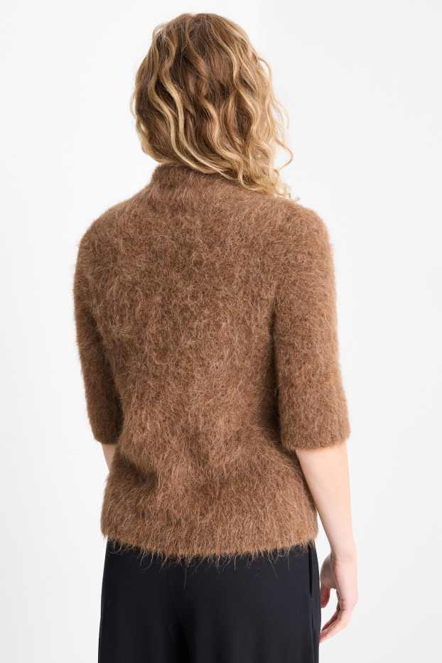 Dámské - Pletený svetr - s krátkým rukávem - směs alpakové vlny - hnědá