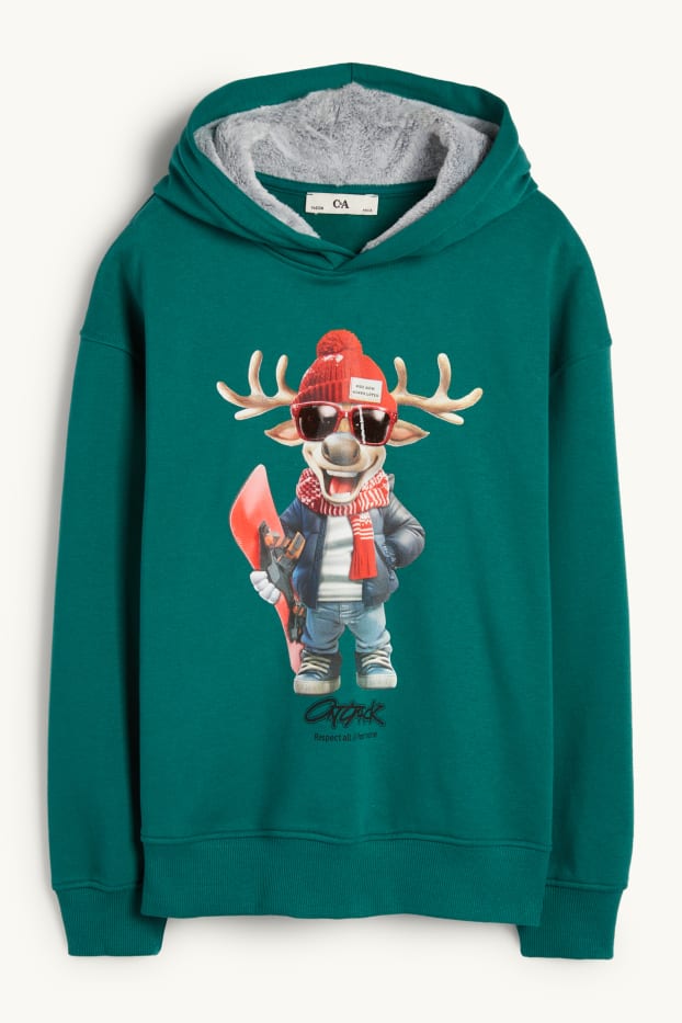 Enfants garçons - Renne et snowboard - sweat à capuche de Noël - vert