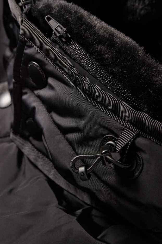 Hombre - Parka acolchada con capucha y pelo sintético - hidrófuga - negro