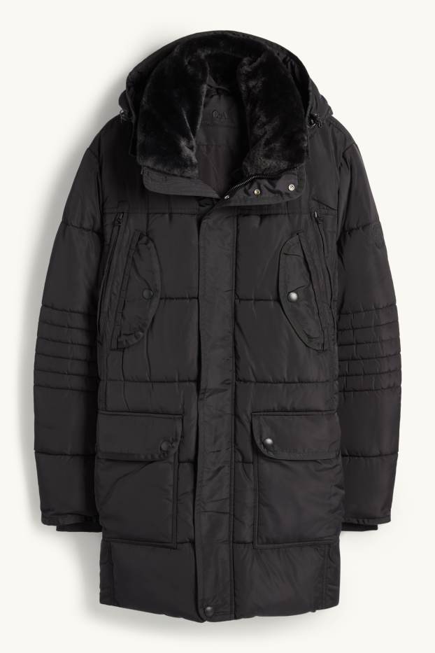 Hombre - Parka acolchada con capucha y pelo sintético - hidrófuga - negro