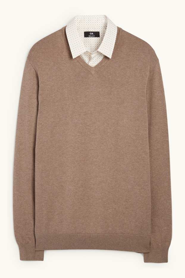 Bărbați - Set - pulover cu decolteu în V și cămașă office - 2 piese - bej deschis