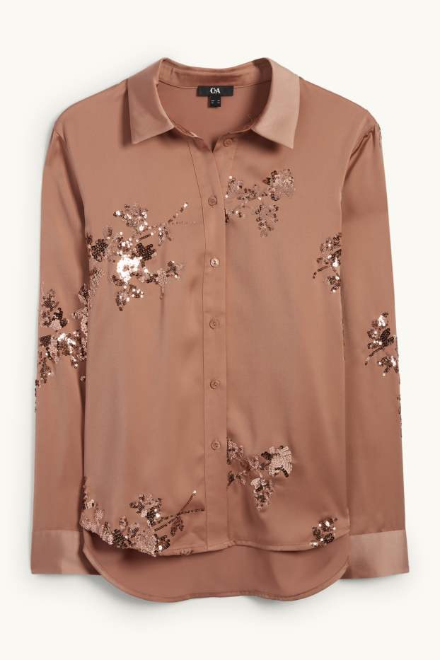 Femmes - Chemisier en satin - effet brillant - motif à fleurs - marron clair