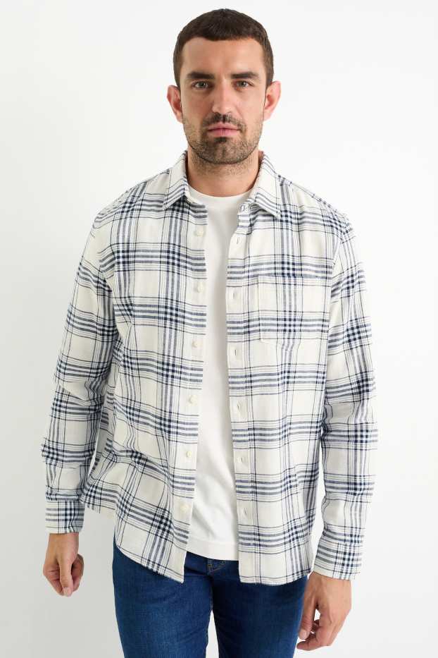 Hommes - Chemise - regular fit - col kent - à carreaux - blanc crème