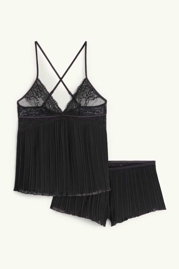 Damen - Plissee-Shorty-Pyjama - schwarz