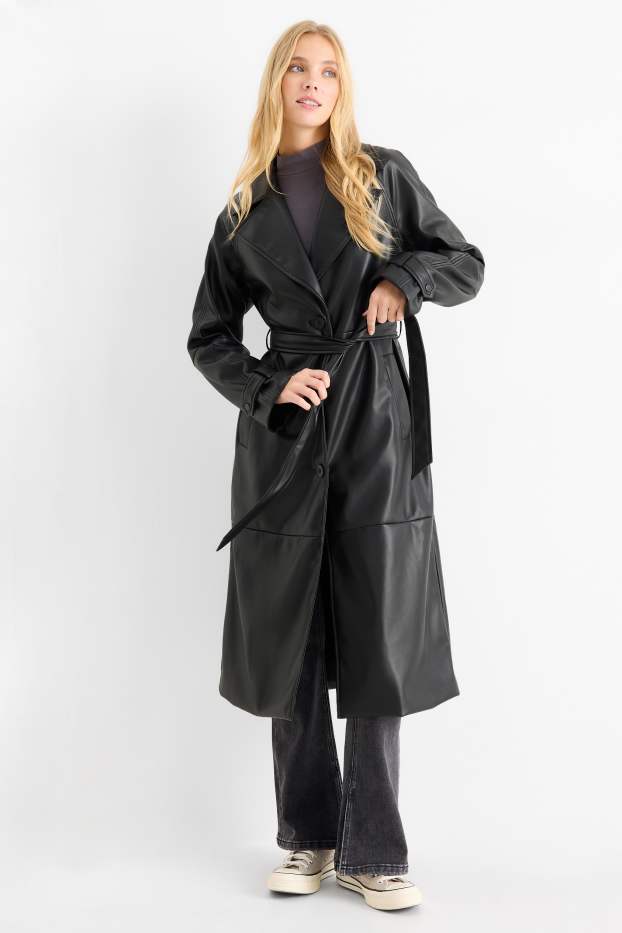 Damen - Mantel - Lederimitat - schwarz