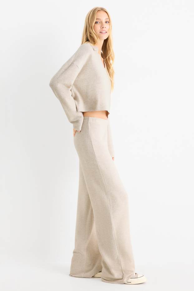 Women - Knitted trousers - mid-rise waist - wide leg - ribbed - light beige
