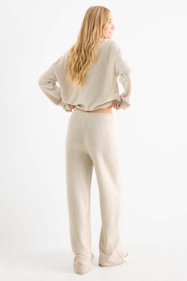 Women - Knitted trousers - mid-rise waist - wide leg - ribbed - light beige