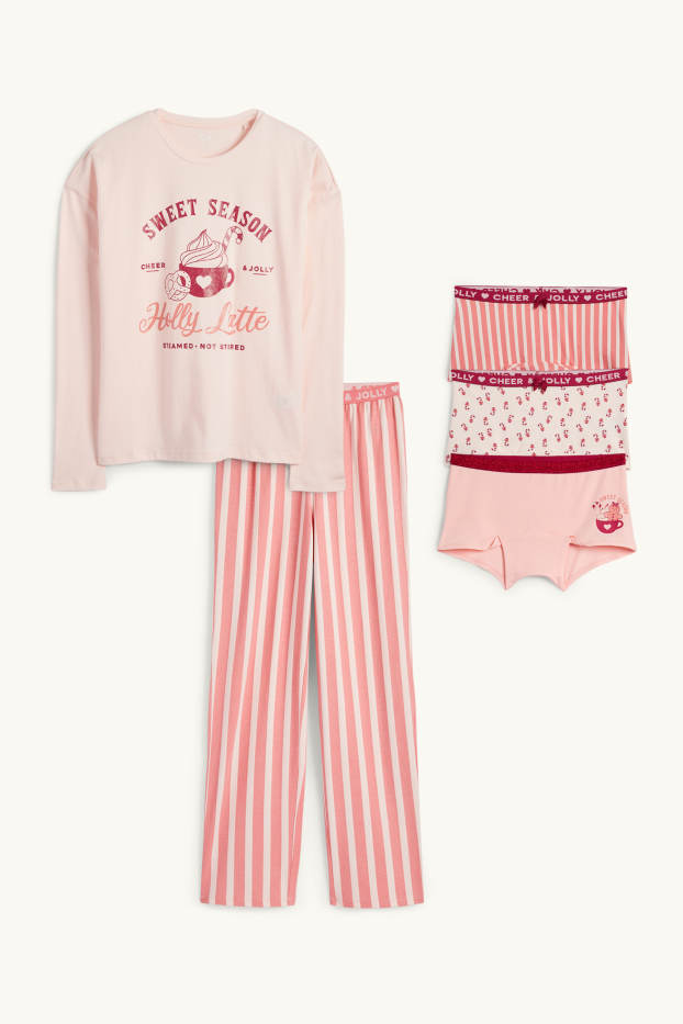 Copii - Fete - Set - pijama și boxeri cu motive de Crăciun - 5 piese - roz