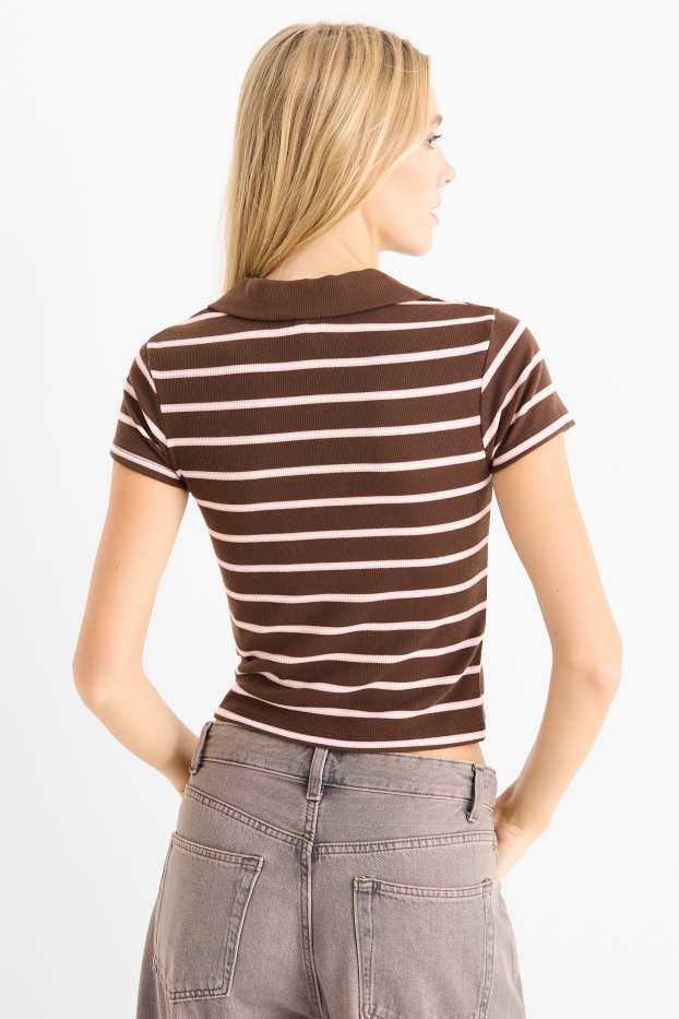 Donna - Polo corta - slim fit - a coste - a righe - marrone scuro